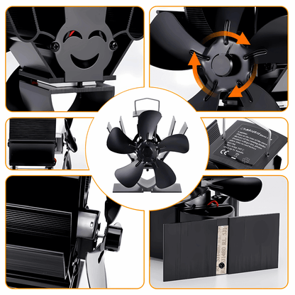 FLORA – Mini Eldstadsfläkt med 5-Blads Design, Värmedriven & Tyst Drift