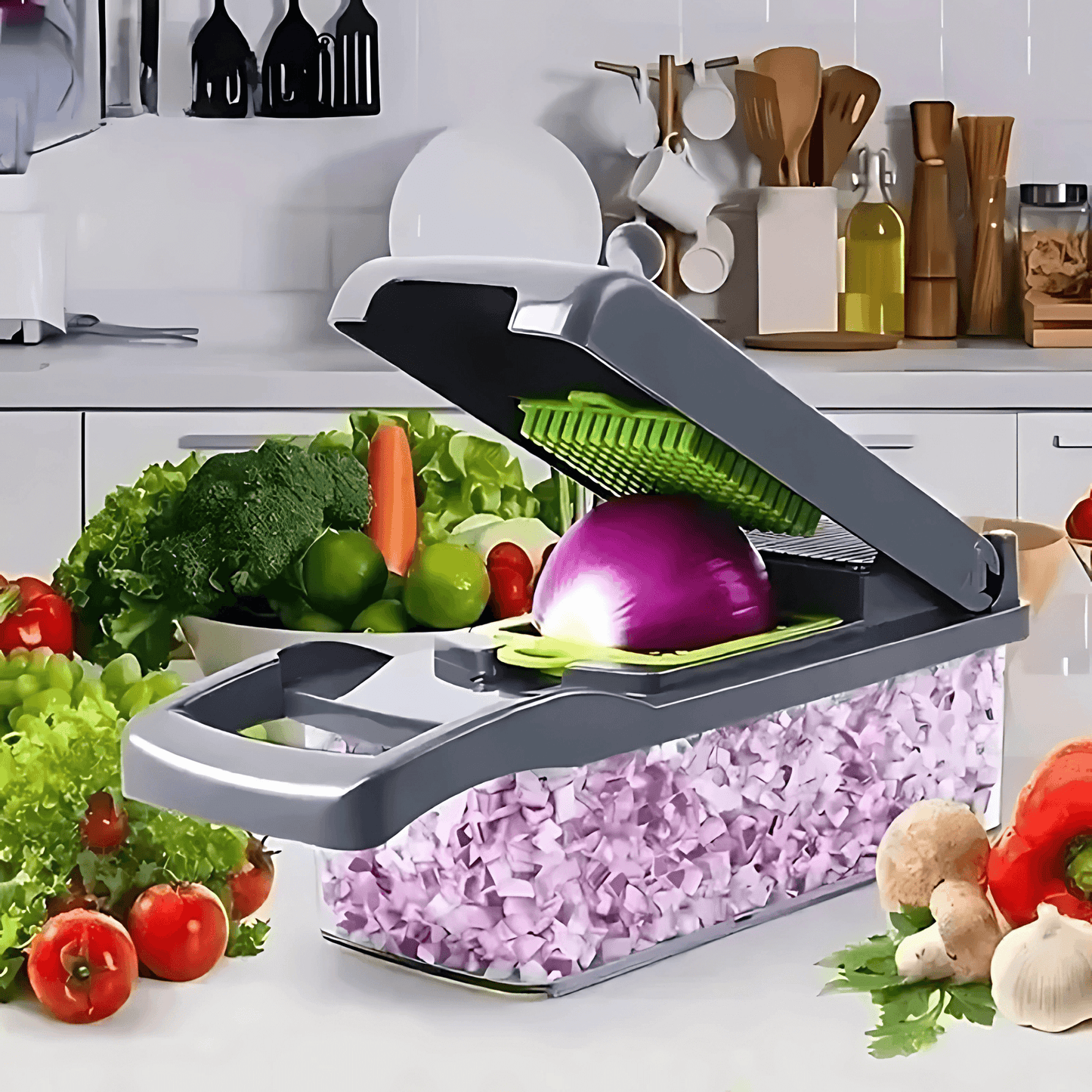 ELVIA – Multifunktionell Mandolin Grönsakshackare 14/16-delars Set med Skärblad & Tillbehör
