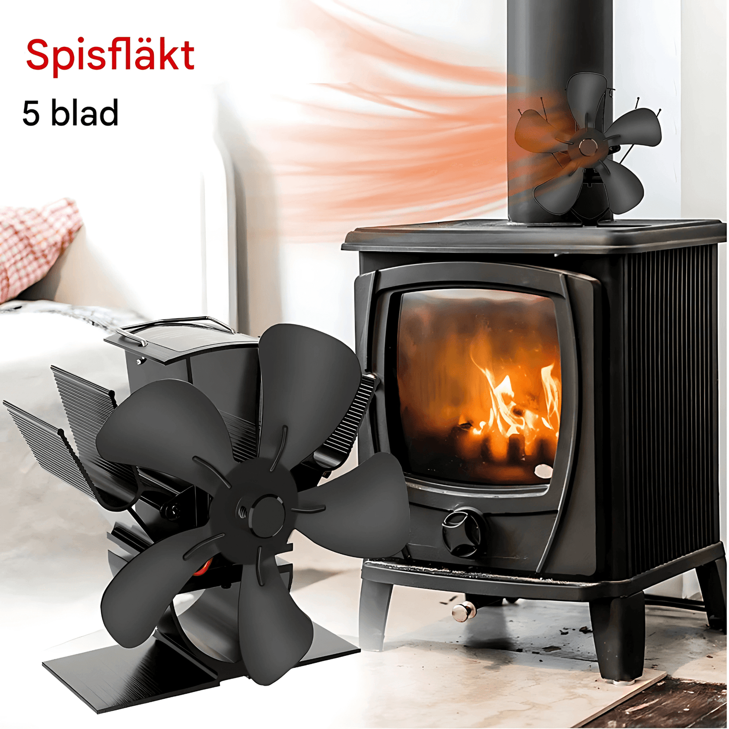 FLORA – Mini Eldstadsfläkt med 5-Blads Design, Värmedriven & Tyst Drift
