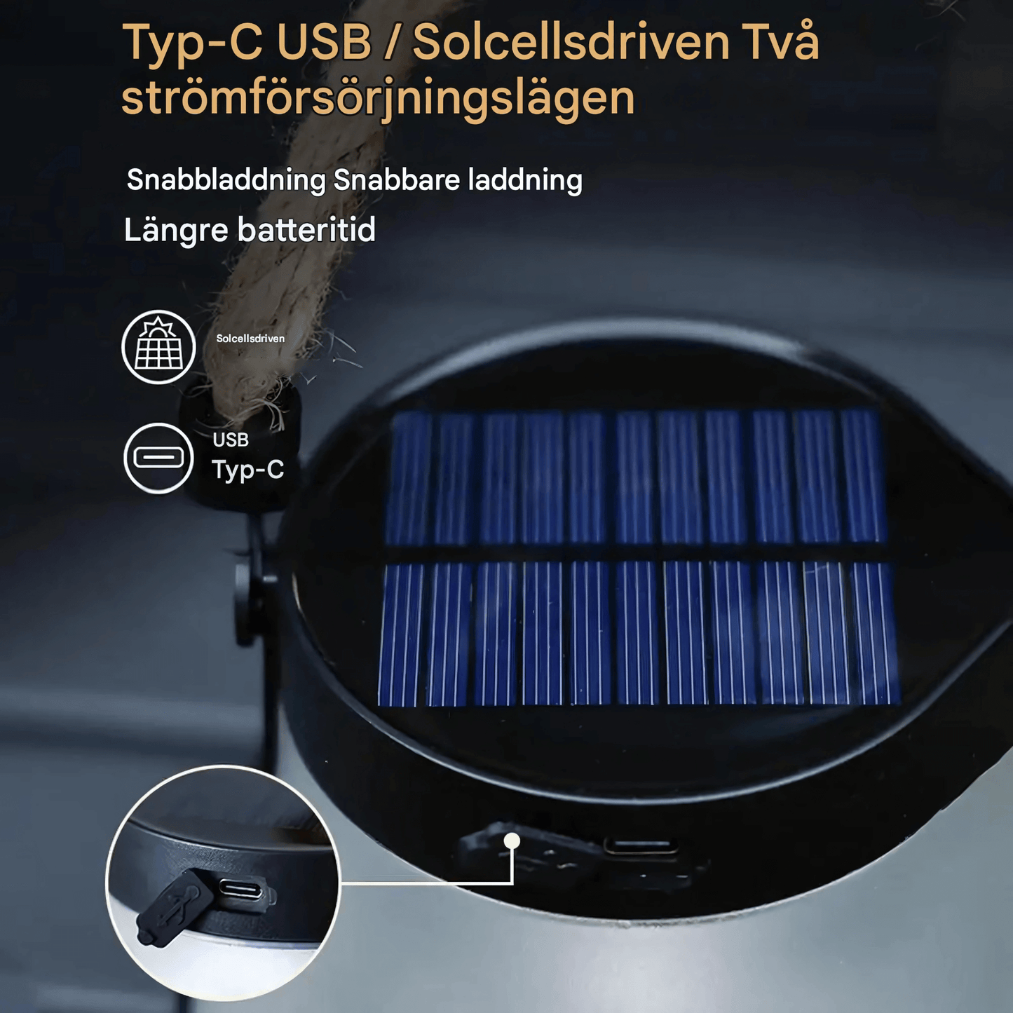 MARTHA – Solcellsflamma Lampa med USB-laddning, Hängande Trädgårdsdekoration & Värmande LED-belysning