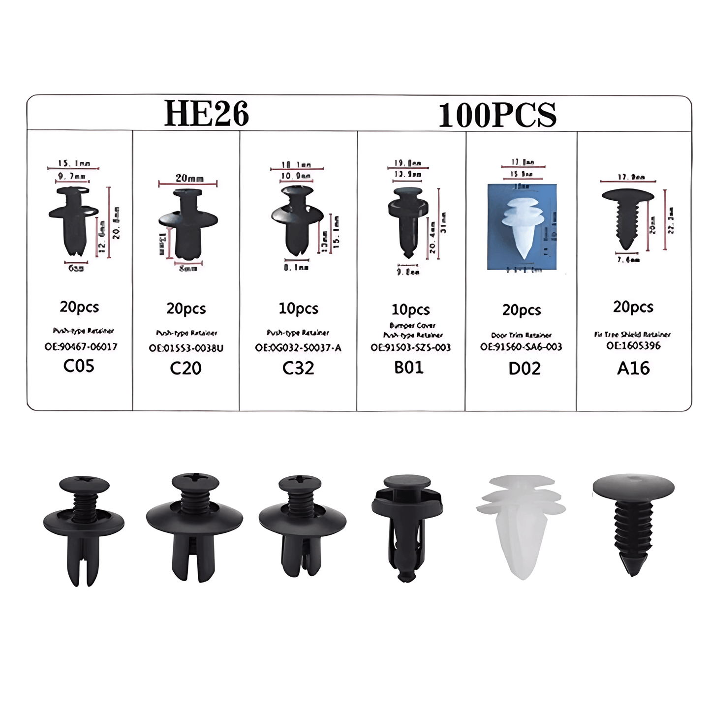 NIKOL – Bilclips & Panelfästen 100-delars Set för Dörr, Stötfångare & Skärm