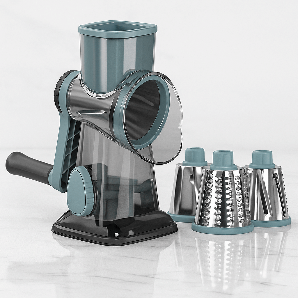 GratePro – 3-i-1 Roterande Rivjärn med Skiv- & Strimlingsfunktion för Ost, Grönsaker och Nötter