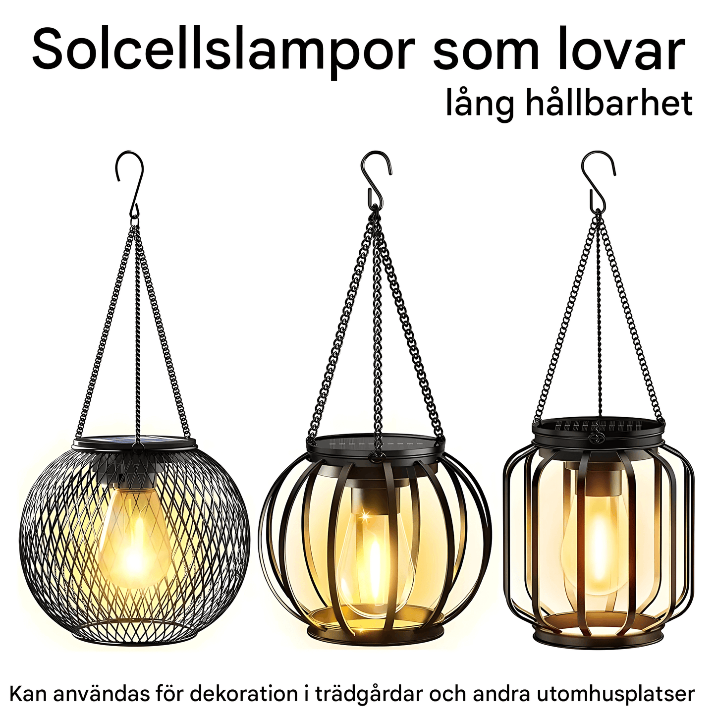 SolarGleam – Sollykta för Utomhusbruk med Varmvit LED-lampa, Hängande Design & Väderbeständig Metallkonstruktion