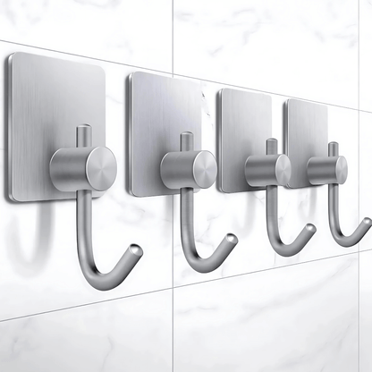 PrimeHook - 4-Pack | Rostfria Badkrokar med Självhäftande Fäste för Badrum och Kök