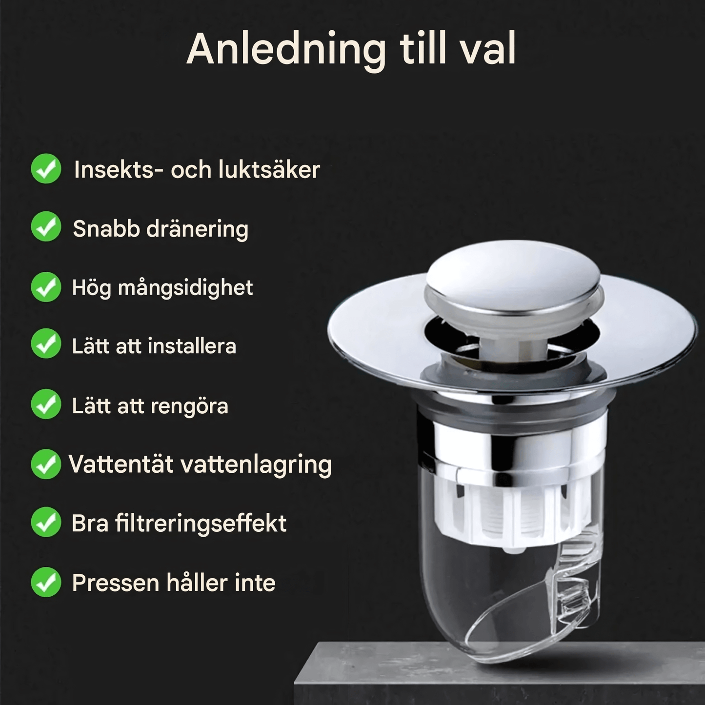 DrainGuard – Universell Pop-up Vattenlås med Hårfilter & Luktspärr för Handfat och Diskhoar