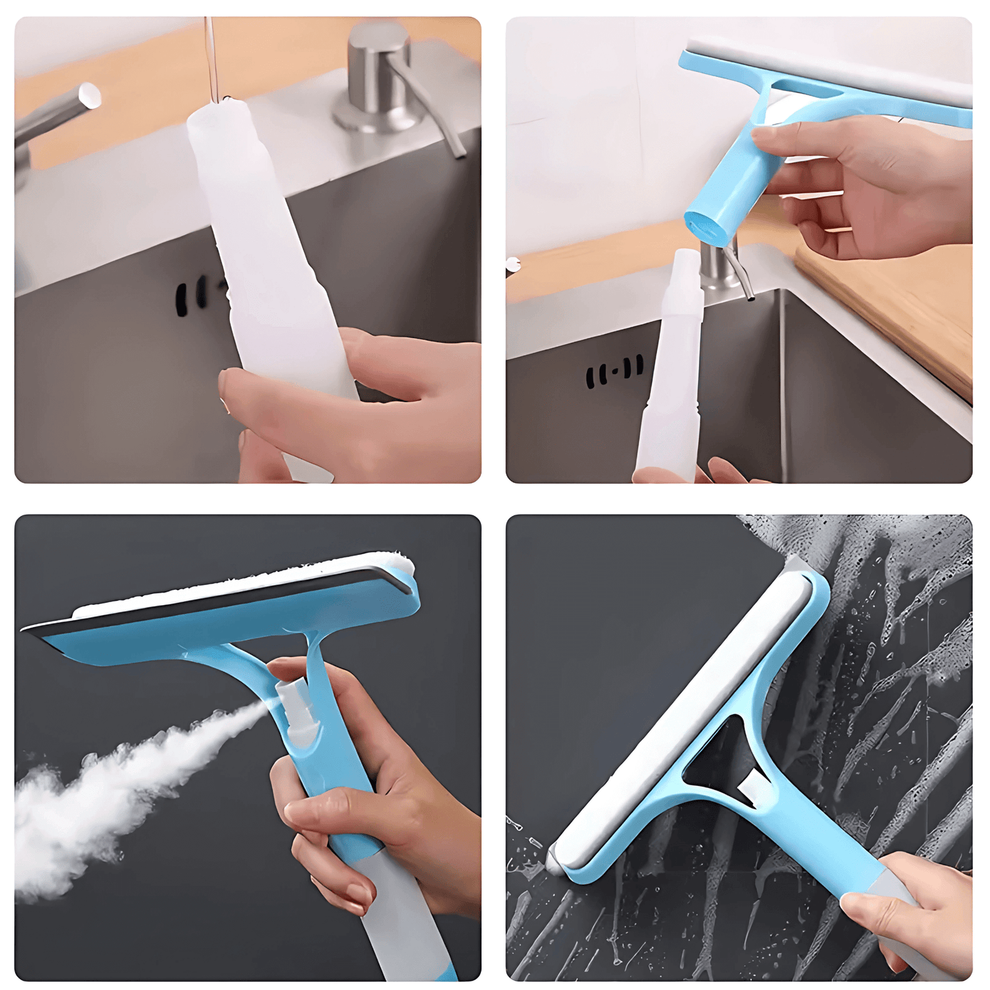 ClearSweep – 3-i-1 Fönsterskrapa med Spray, Svamp och Gummiblad för Hem och Bil