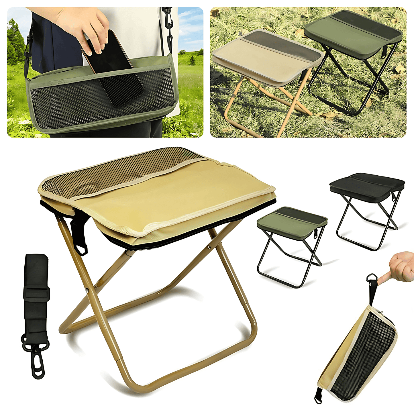 FoldSeat - Kompakt Hopfällbar Pall med Bärrem och Väderbeständig Dyna för Resor, Camping & Vardag