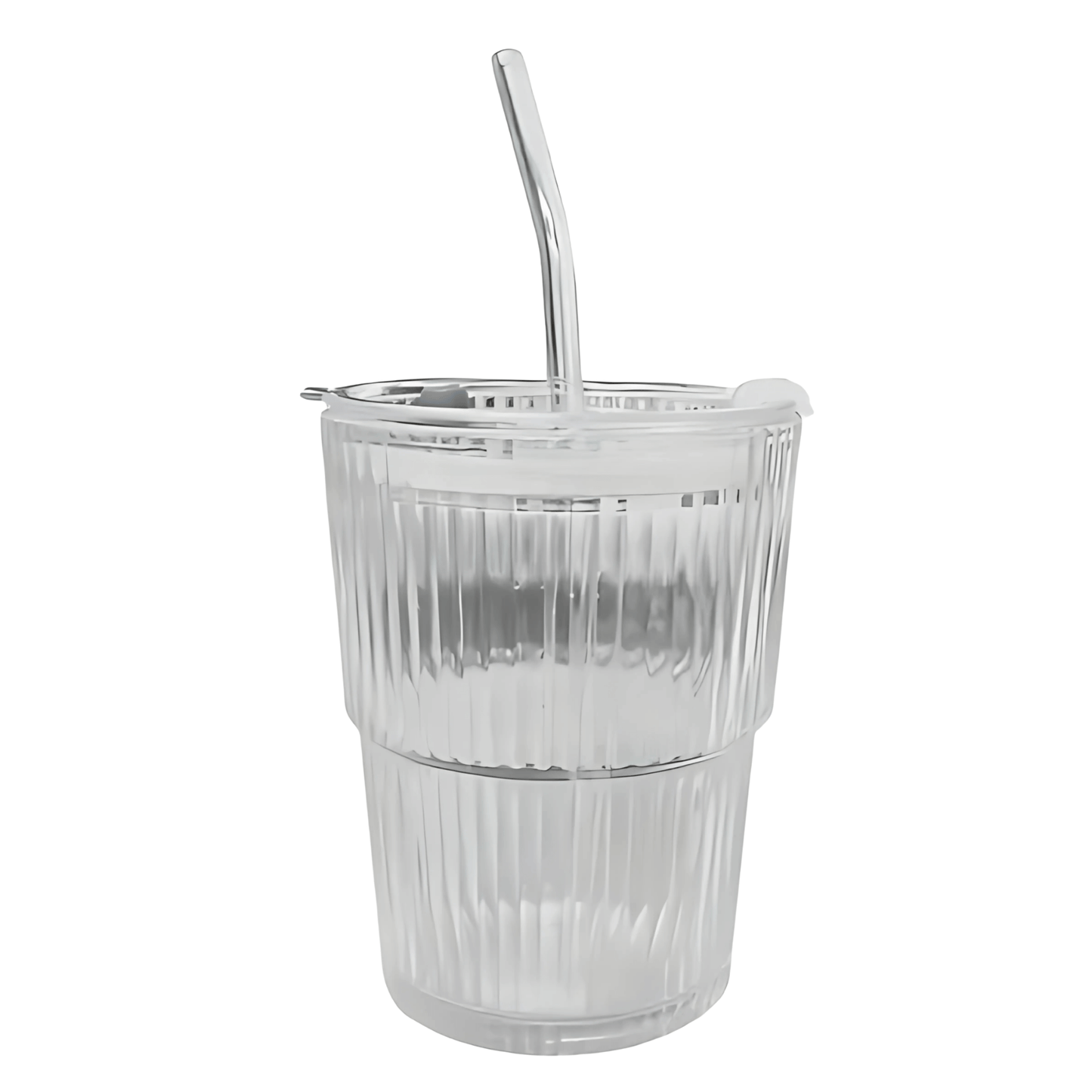 ClearSip – Randig Glas­mugg med Lock & Sugrör för Kaffe, Te och Juice (450ml)