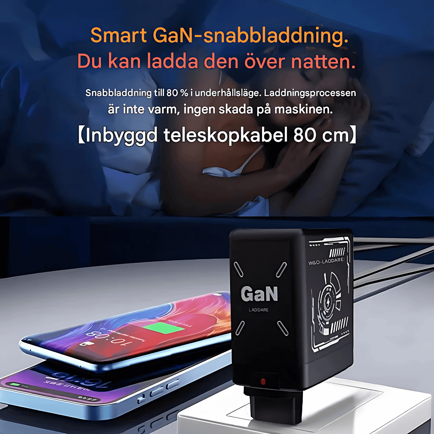 ChargeNest - Kompakt GaN Snabbladdare med Inbyggda Utdragbara Kablar för USB-C & Lightning