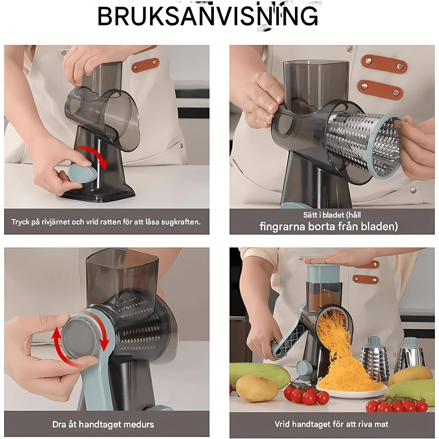 GratePro – 3-i-1 Roterande Rivjärn med Skiv- & Strimlingsfunktion för Ost, Grönsaker och Nötter