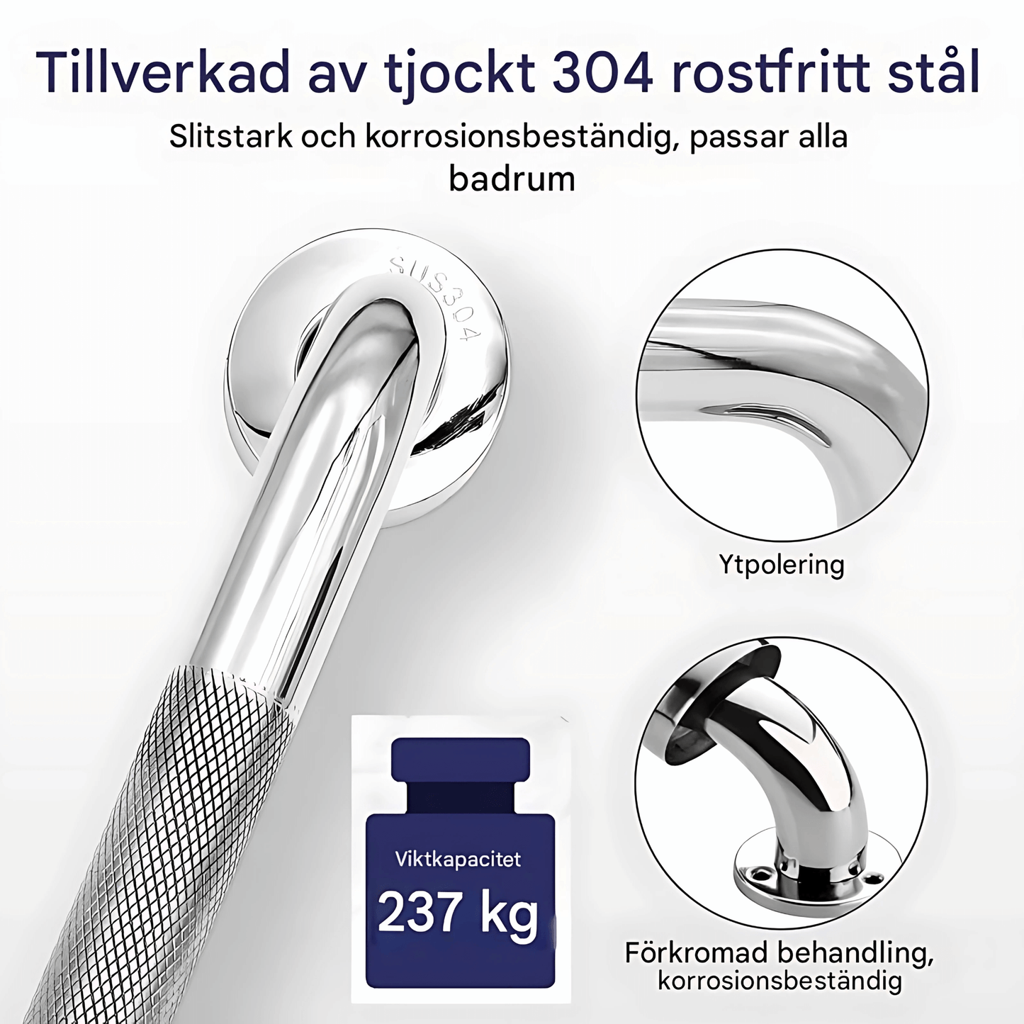 SafeGrip – Halksäker Badrumshandtag i Rostfritt Stål för Dusch, Toalett & Badkar (30/40/50 cm)