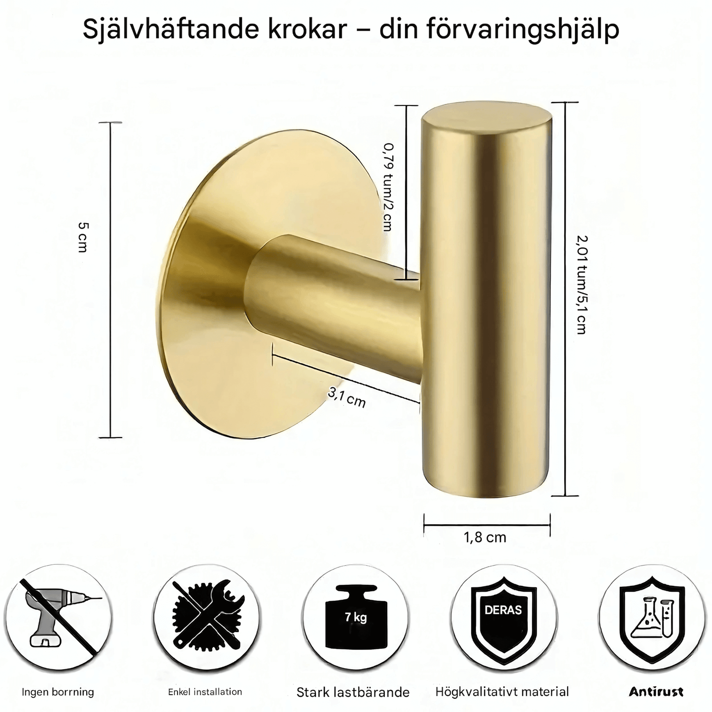 GripHook – Självhäftande Krokset i Rostfritt Stål för Väggförvaring i Badrum & Kök (2-pack)