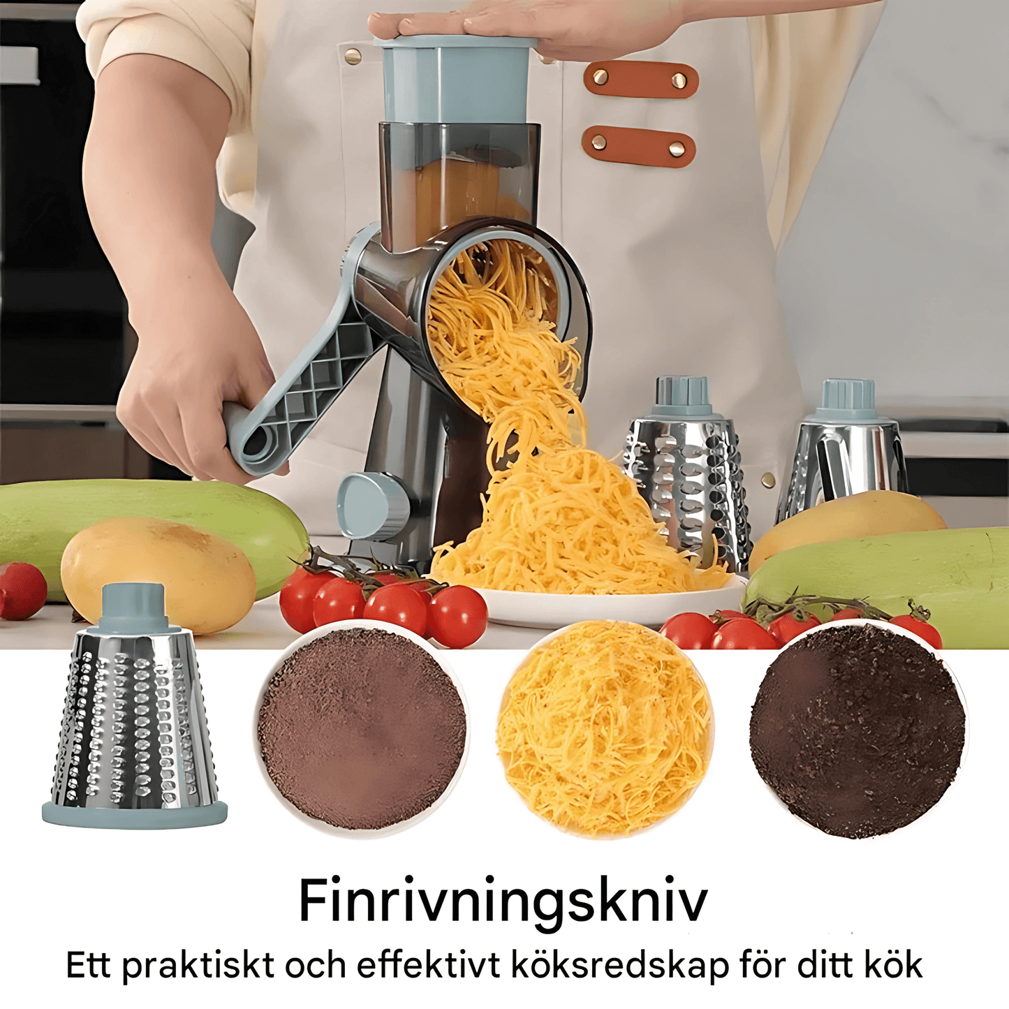 GratePro – 3-i-1 Roterande Rivjärn med Skiv- & Strimlingsfunktion för Ost, Grönsaker och Nötter