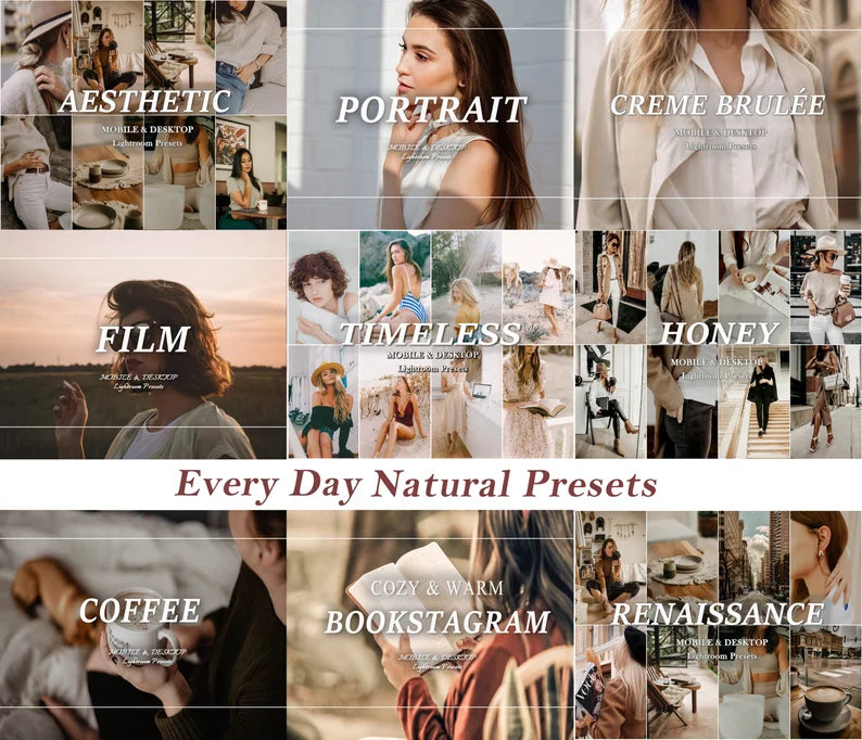 1100+ NATURAL Lightroom PRESET Bundle, Mobile & Desktop Luxury Aesthetic Presets, Bright Neutral Photo Filter, Lifestyle indoor soft Presets