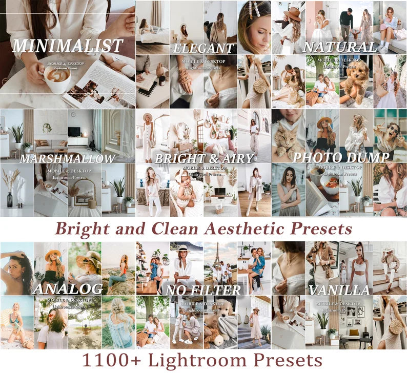 1100+ Lightroom Preset Bundle, Mobile & Desktop Luxury Aesthetic Presets, Clean Neutral Photo Editing Filter for Influencer Travel Blogger