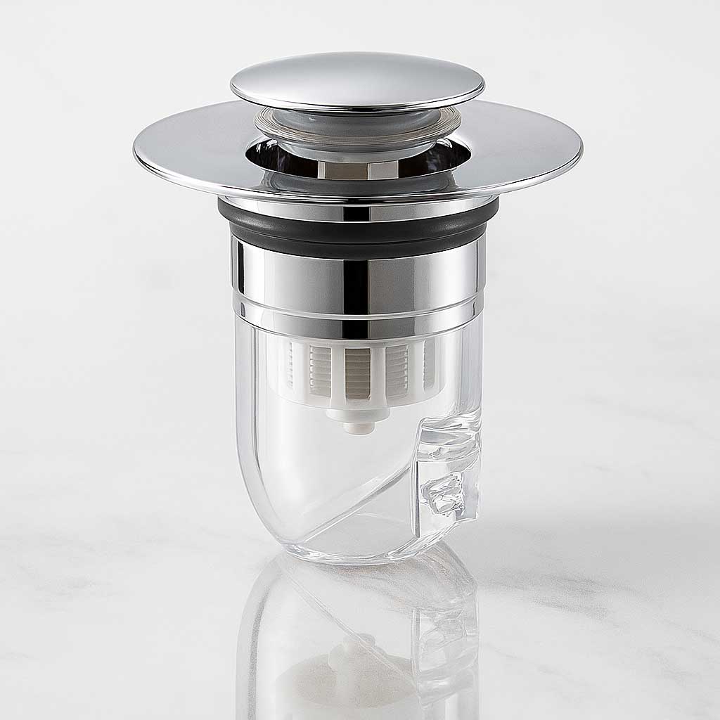 DrainGuard – Universell Pop-up Vattenlås med Hårfilter & Luktspärr för Handfat och Diskhoar