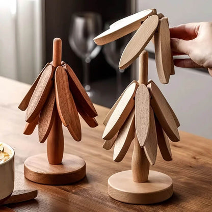 HEDA - Träunderlägg i Valnöt, Set med 3, Kreativt Hopfällbart Kopp/Grytunderlägg