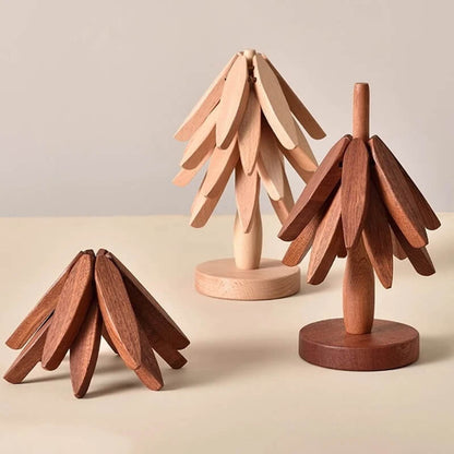 HEDA - Träunderlägg i Valnöt, Set med 3, Kreativt Hopfällbart Kopp/Grytunderlägg